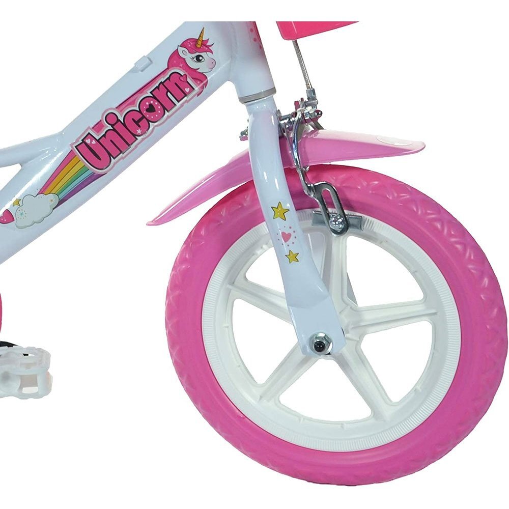 DINO BIKES Bicicleta copii Unicorn 12 inch varsta 3-5 ani inaltimea 87-110 cm anvelope spuma EVA frana de mana pe roata din fata pinion spate fix roti ajutatoare detasabile cosulet si scaun pentru papusa
