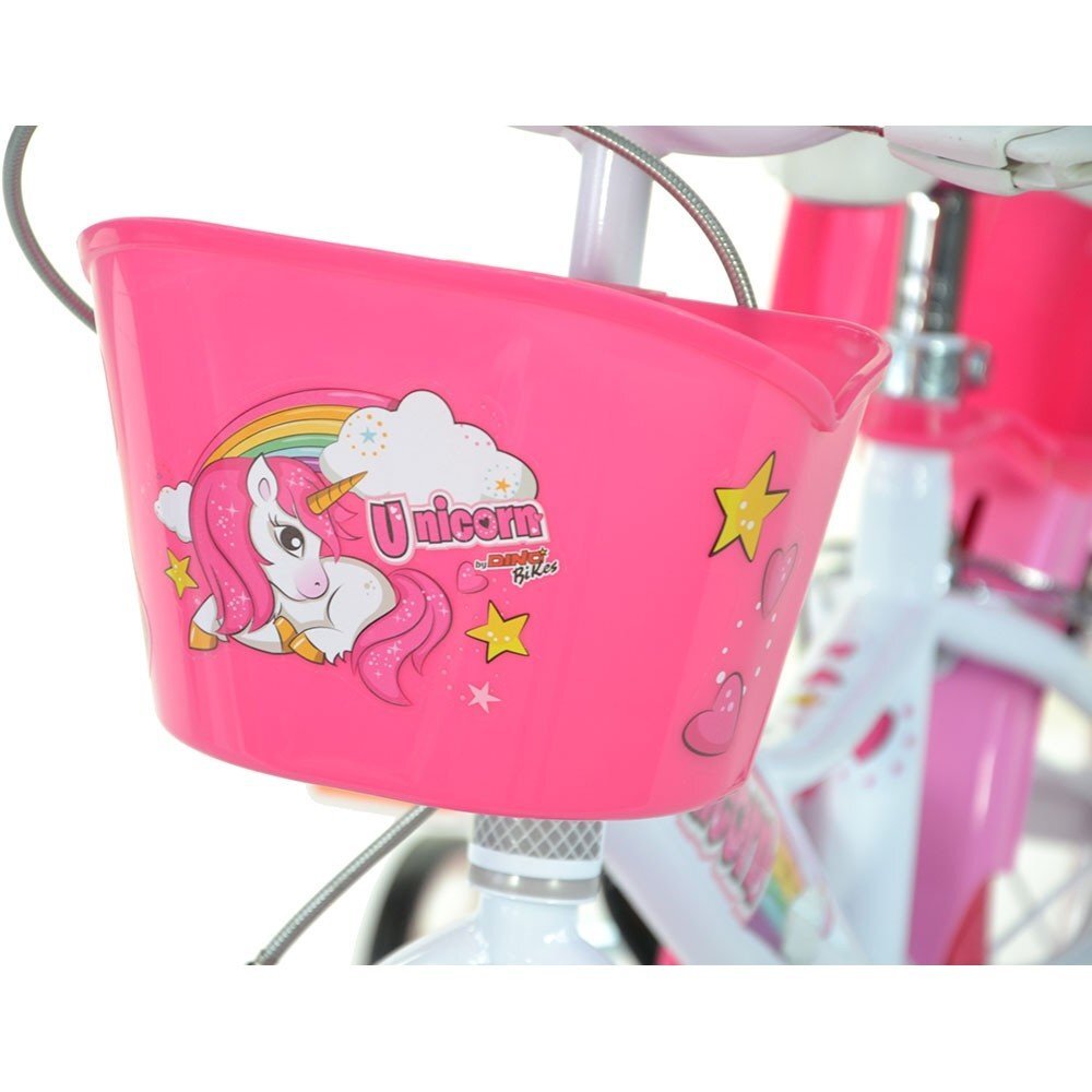 DINO BIKES Bicicleta copii Unicorn 14 inch varsta 4-7 ani inaltimea 95-115 cm frana de mana pe roata din fataspate cosulet fata si scaun pentru papusa in spate pinion spate fix roti ajutatoare detasabile