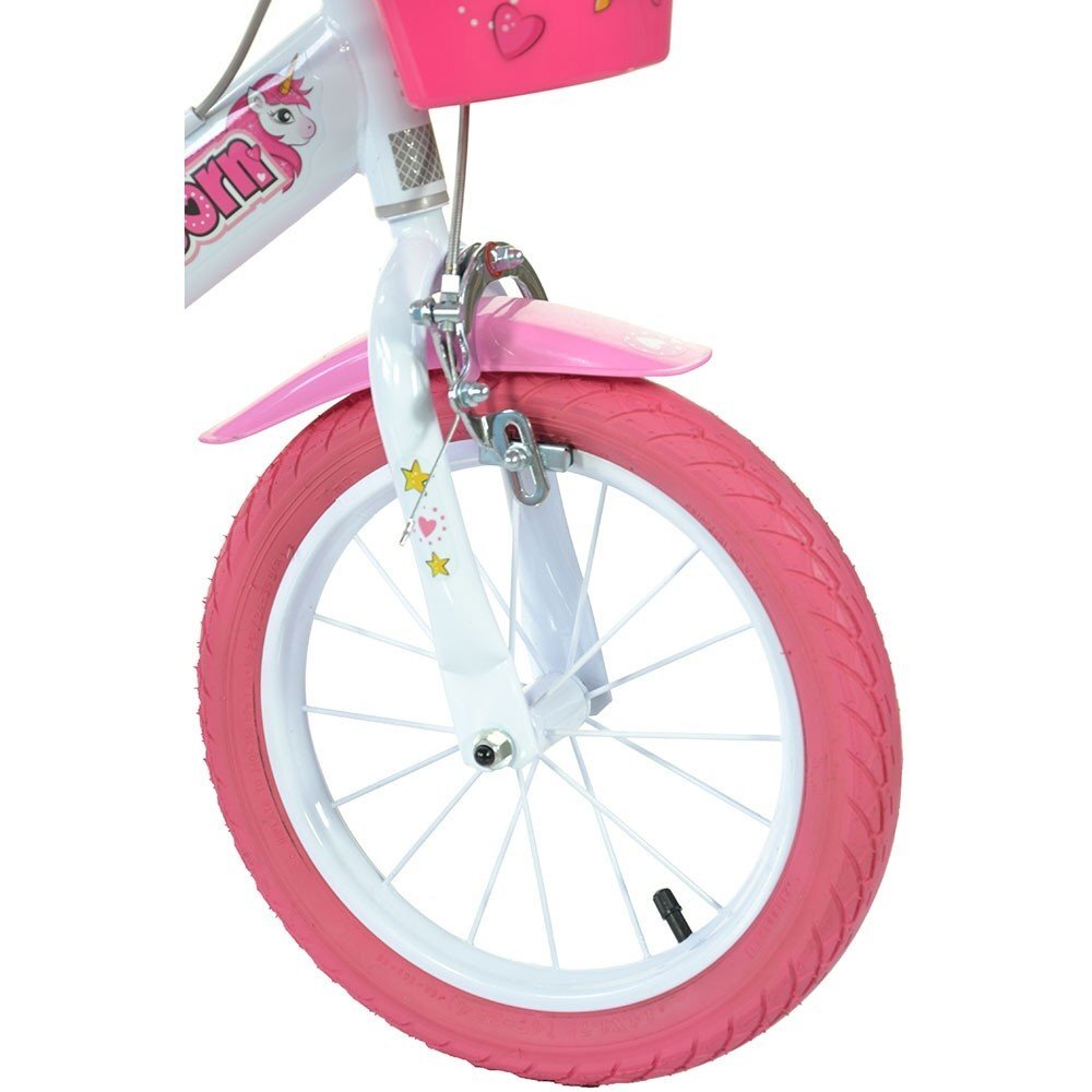 DINO BIKES Bicicleta copii Unicorn 14 inch varsta 4-7 ani inaltimea 95-115 cm frana de mana pe roata din fataspate cosulet fata si scaun pentru papusa in spate pinion spate fix roti ajutatoare detasabile