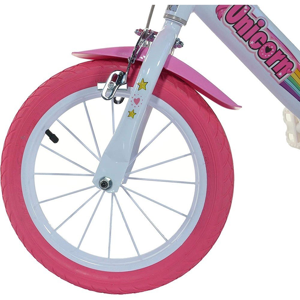 DINO BIKES Bicicleta copii Unicorn 14 inch varsta 4-7 ani inaltimea 95-115 cm frana de mana pe roata din fataspate cosulet fata si scaun pentru papusa in spate pinion spate fix roti ajutatoare detasabile