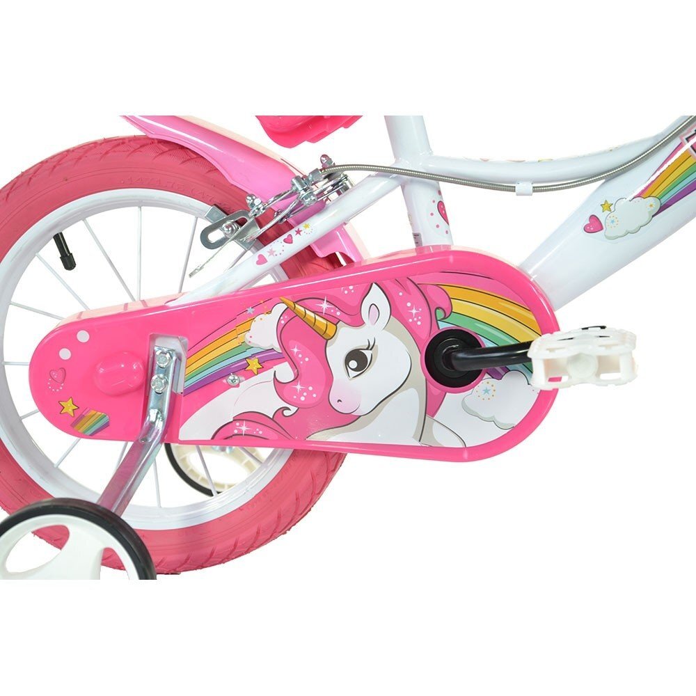 DINO BIKES Bicicleta copii Unicorn 14 inch varsta 4-7 ani inaltimea 95-115 cm frana de mana pe roata din fataspate cosulet fata si scaun pentru papusa in spate pinion spate fix roti ajutatoare detasabile