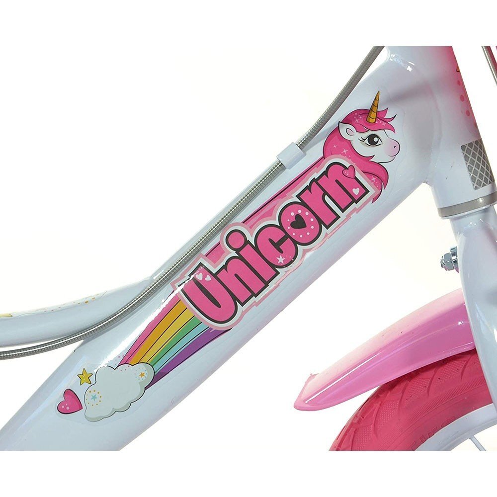 DINO BIKES Bicicleta copii Unicorn 14 inch varsta 4-7 ani inaltimea 95-115 cm frana de mana pe roata din fataspate cosulet fata si scaun pentru papusa in spate pinion spate fix roti ajutatoare detasabile