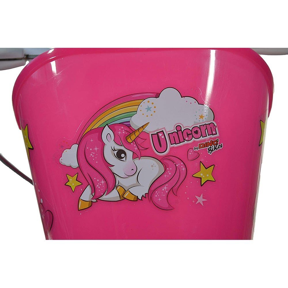 DINO BIKES Bicicleta copii Unicorn 14 inch varsta 4-7 ani inaltimea 95-115 cm frana de mana pe roata din fataspate cosulet fata si scaun pentru papusa in spate pinion spate fix roti ajutatoare detasabile