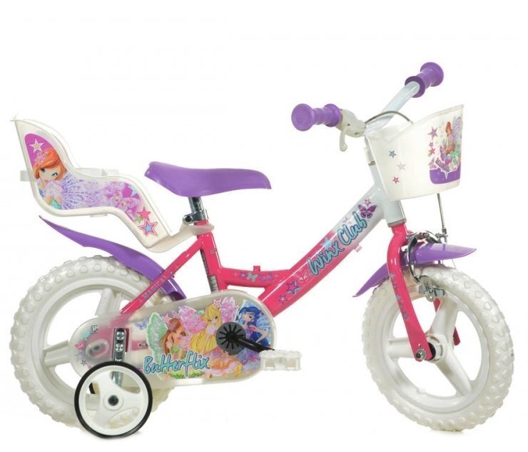 DINO BIKES Bicicleta copii Winx 12 inch varsta 3-4 ani inaltimea recomandata 87-110 cm cosulet pentru cumparaturi si scaunel pentru papusa frana pe roata din fata roti din cauciuc EVA