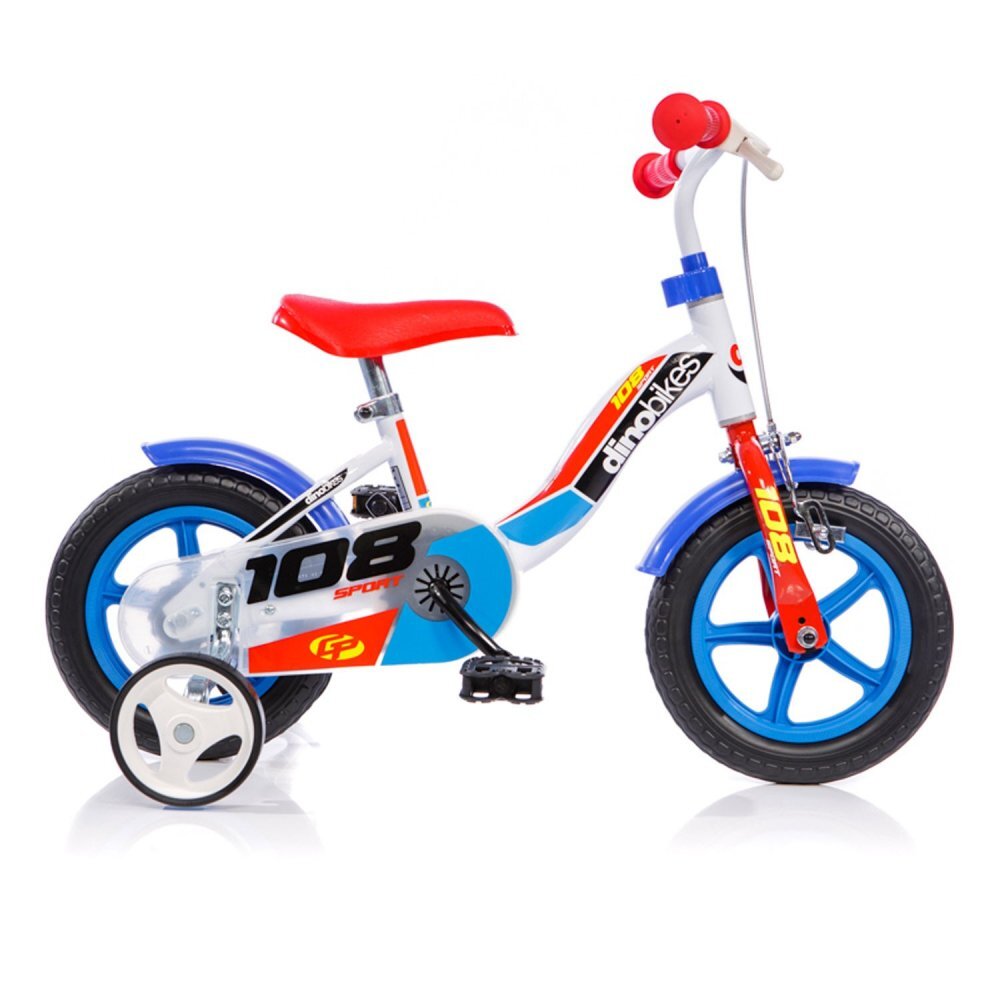 DINO BIKES Bicicleta pentru copii 108 Sport alb si albastru 10 inch de la 3 ani inaltimea 78-90 cm roti din spuma EVA frana de mana pe roata din fata claxon pe ghidon roti ajutatoare
