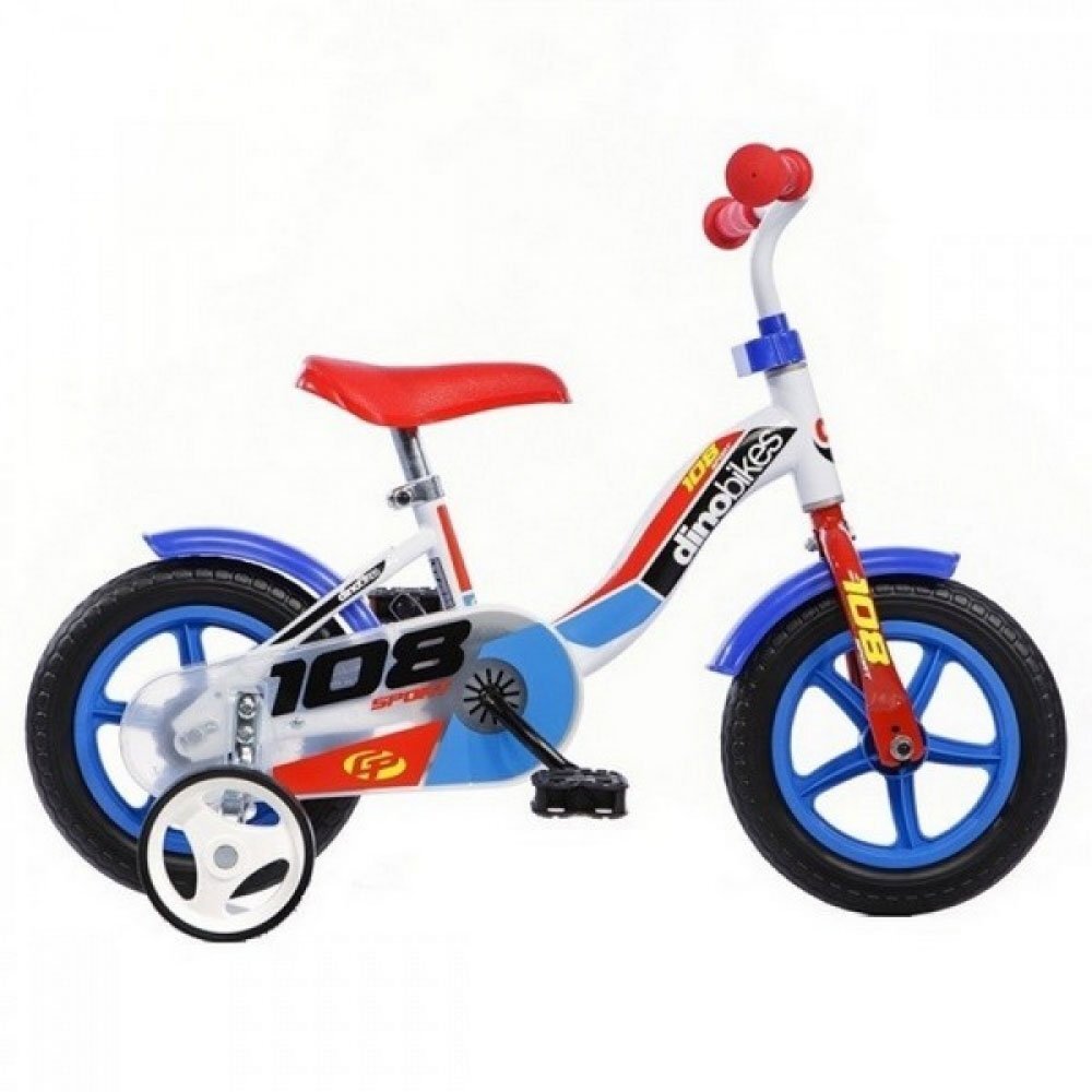 DINO BIKES Bicicleta pentru copii 108 Sport alb si albastru 10 inch de la 3 ani inaltimea 78-90 cm roti spuma EVA claxon pe ghidon roti ajutatoare