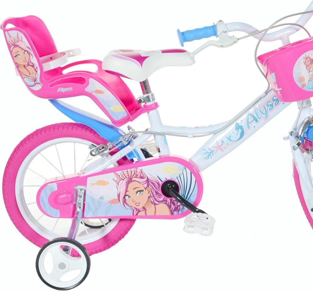 DINO BIKES Bicicleta pentru copii Alyssa 5-8 ani roti 16 inch roti ajutatoare aparatori pentru lant si roti cosulet pentru papusi si accesorii