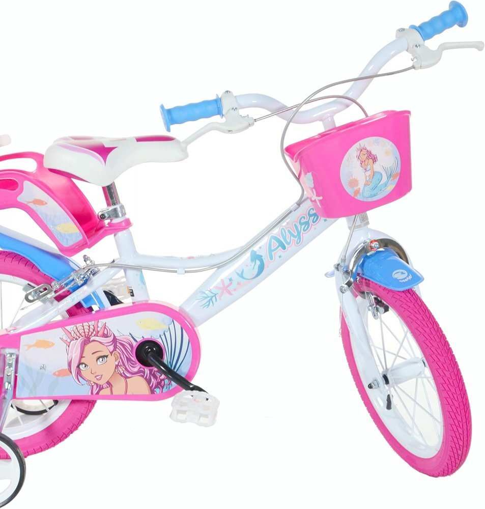 DINO BIKES Bicicleta pentru copii Alyssa 5-8 ani roti 16 inch roti ajutatoare aparatori pentru lant si roti cosulet pentru papusi si accesorii