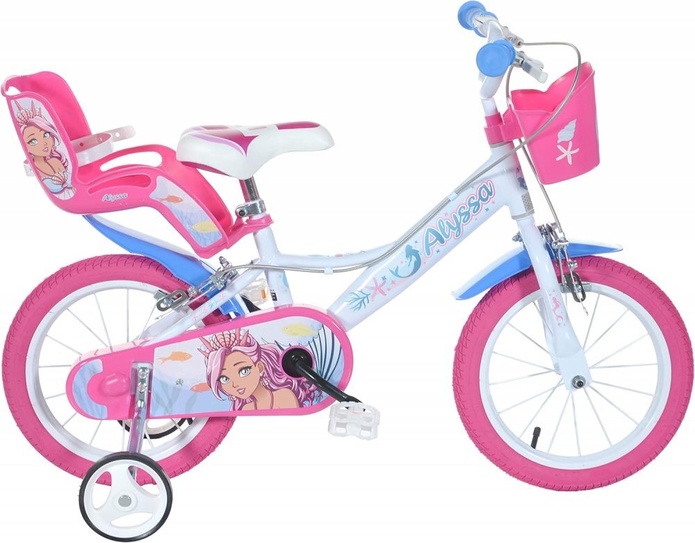 DINO BIKES Bicicleta pentru copii Alyssa 5-8 ani roti 16 inch roti ajutatoare aparatori pentru lant si roti cosulet pentru papusi si accesorii