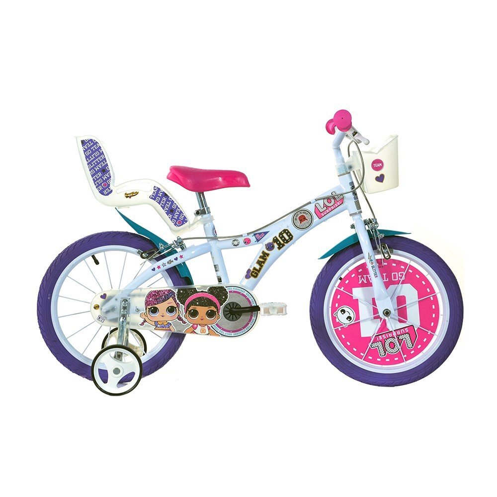 DINO BIKES Bicicleta pentru copii LOL 16 inch varsta 5-7 ani inaltimea 107-125 cm frana de mana pe ambele roti scaun si ghidon ajustabile spite metalice