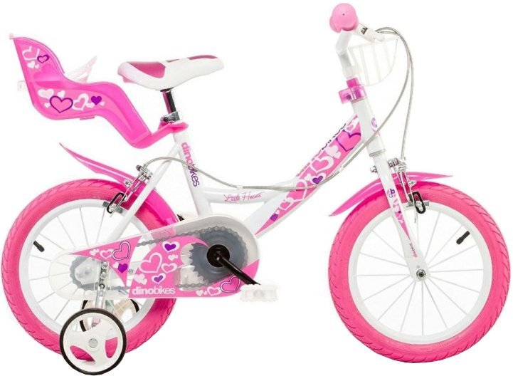 DINO BIKES Bicicleta pentru fetite 14 inch 144RN varsta 4-7 ani inaltimea recomandata 95-115 cm cu roti ajutatoare frana pe ambele roti aparatoare lant