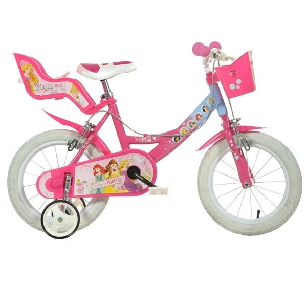 DINO BIKES Bicicleta pentru fetite Disney Princess 14 inch varsta 4-7 ani si inaltimea de 94-128 cm frana de mana pe ambele roti roti ajutatoare cosulet si scaunel pentru papusa