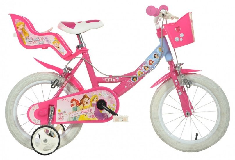 DINO BIKES Bicicleta pentru fetite Disney Princess 16 inch varsta 6-8 ani si inaltimea de 107-138 cm frana de mana pe ambele roti cosulet si scaunel pentru papusa roti ajutatoare
