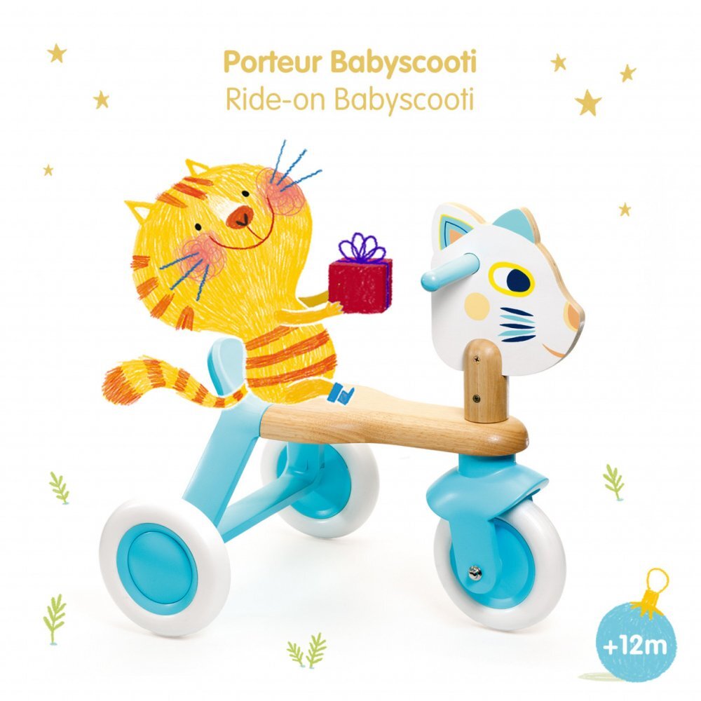 Djeco Tricicleta pentru copii din lemn fara pedale recomandata copiilor de la 12 luni inaltime ezut 24 cm