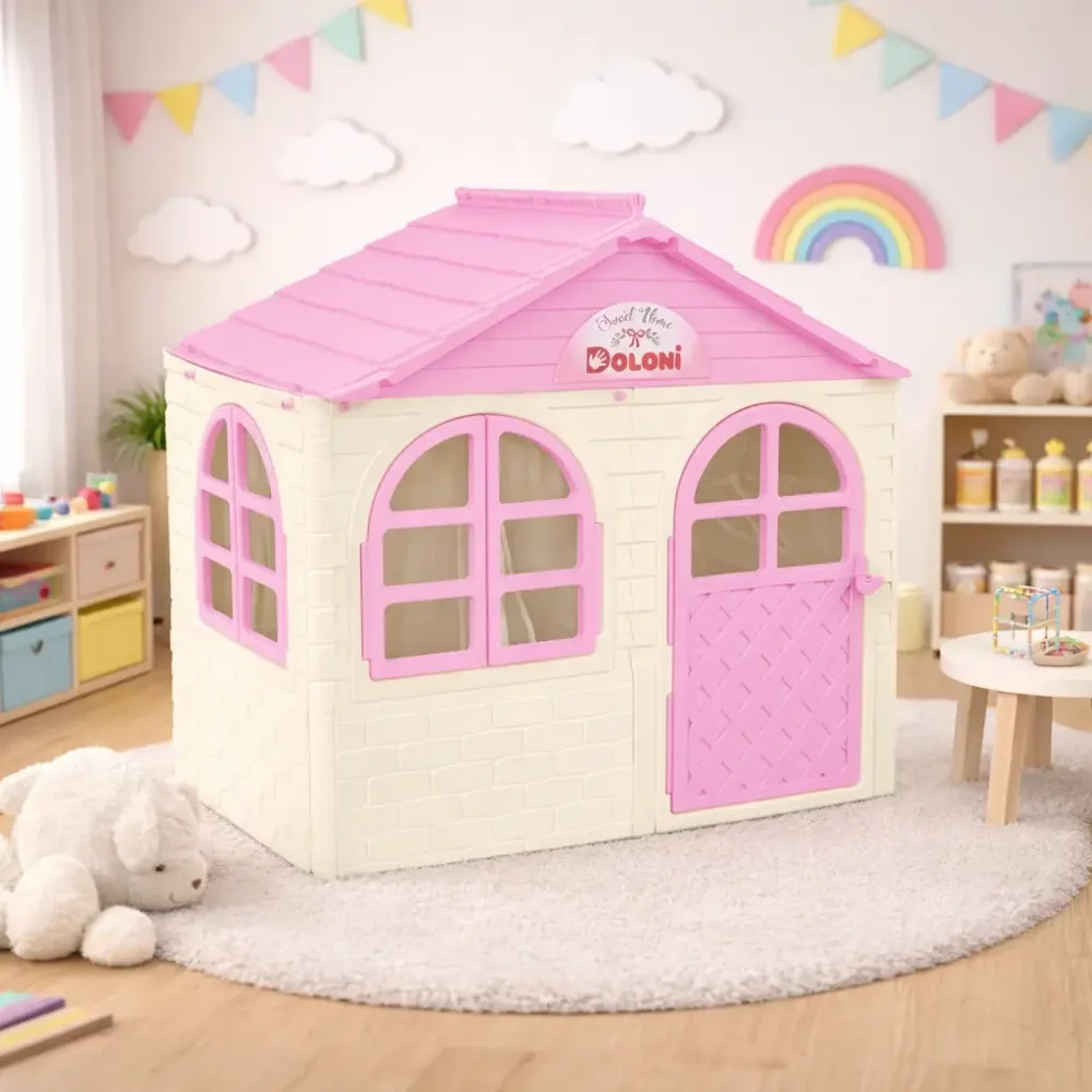 Doloni Casuta de joaca pentru copii PinkWhite medium cu usa ferestre largi cu perdele din material textil arcade elegante dimensiune 137.5 x 130 x 119.5 cm