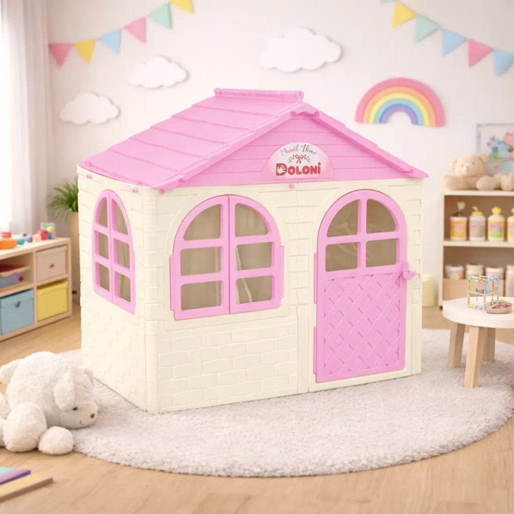 Doloni Casuta de joaca pentru copii PinkWhite small cu usa ferestre largi cu perdele din material textil arcade elegante dimensiune 128.5 x 78 x 119.5 cm