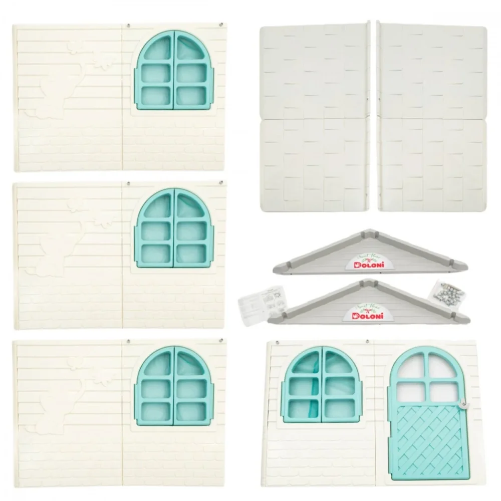 Doloni Casuta de joaca pentru copii TurquoiseWhite small cu usa ferestre largi cu perdele din material textil arcade elegante dimensiune 128.5 x 78 x 119.5 cm