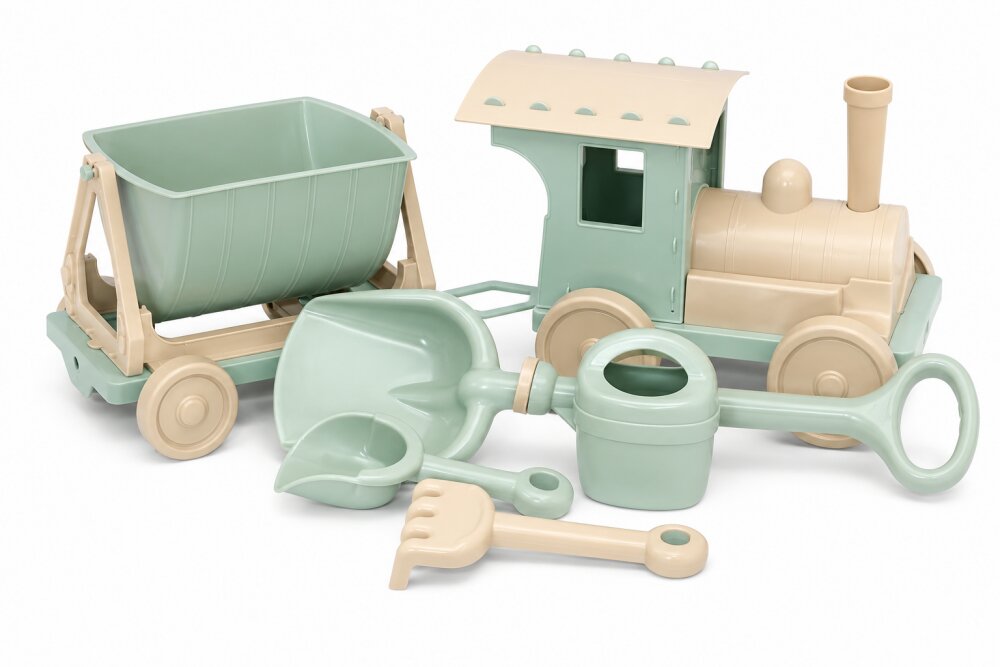 Doloni Trenulet pentru joaca in nisip cu 1 vagon Eco greenbeige include stropitoare lopatica si grebla 67.5 x 19 x 25 cm