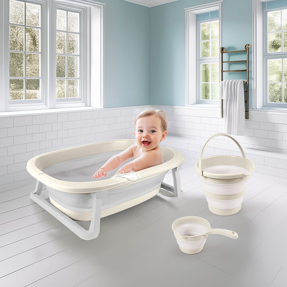Dolu Nuve Set 3 in 1 cu cadita pliabila cana si galeata pentru clatire bej materiale non-toxice fara BPA 6 luni+