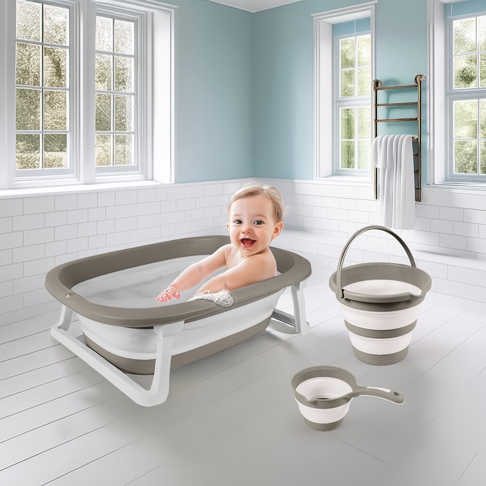 Dolu Nuve Set 3 in 1 cu cadita pliabila cana si galeata pentru clatire gri materiale non-toxice fara BPA 6 luni+