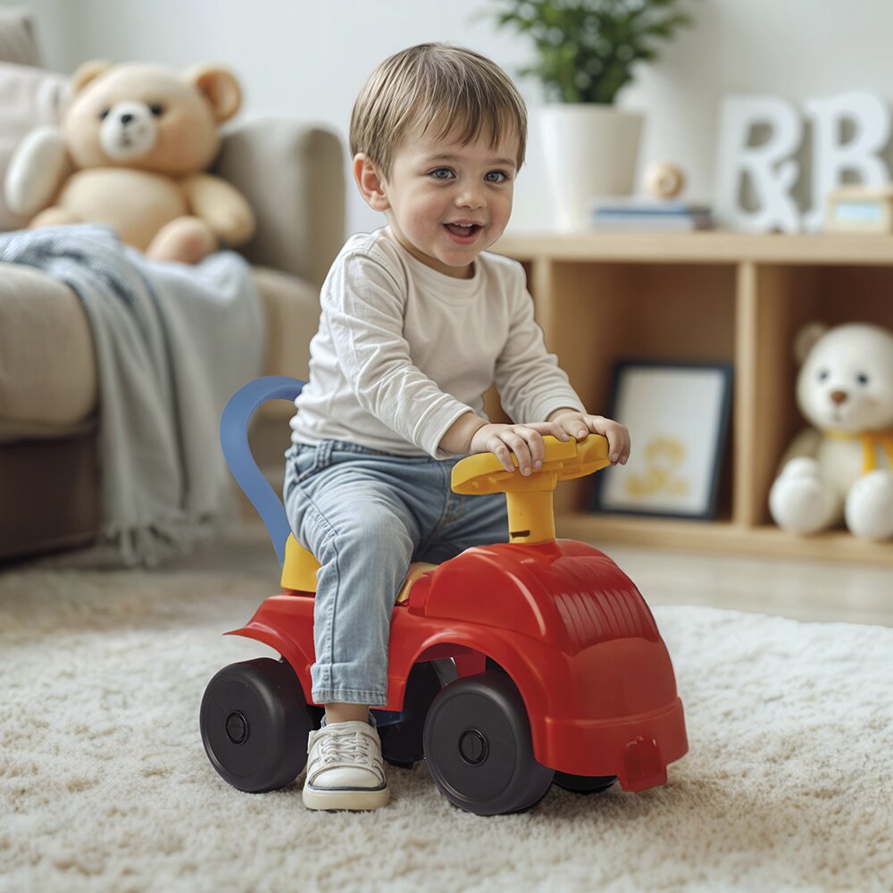 DOLU Ride-On copii fara pedale Foot to Floor rosu cu volan spatar cu posibilitatea de impingere spatiu de depozitare claxon