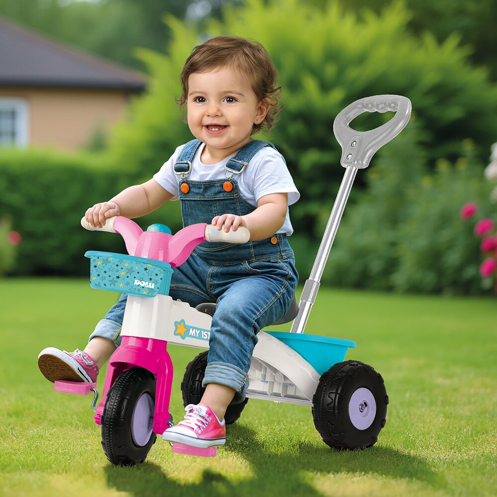 DOLU Tricicleta pentru copii My First Trike Roz cu maner claxon si 2 cosulete