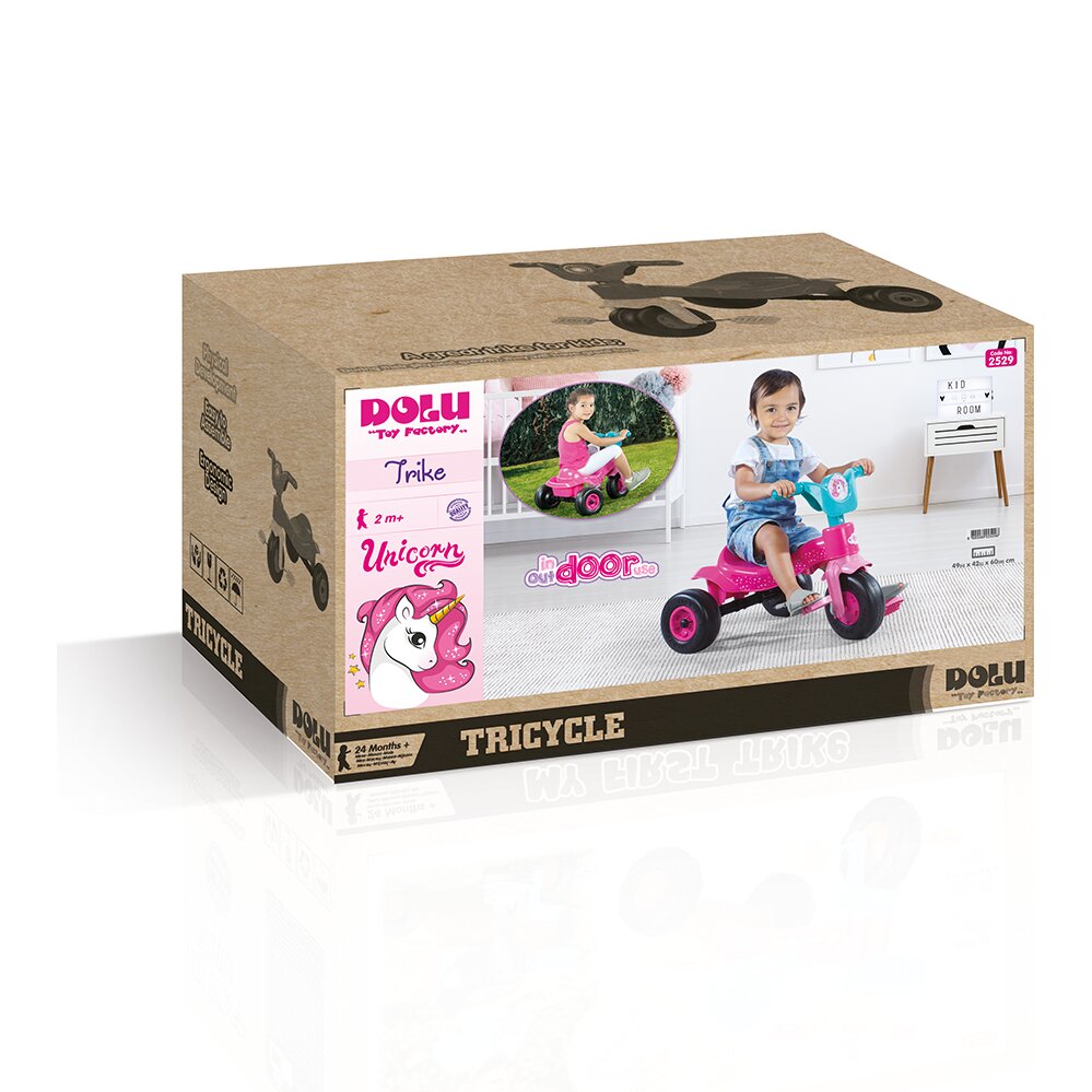 DOLU Tricicleta pentru copii Unicorn din plastic cu roti late si cosulet pentru accesorii