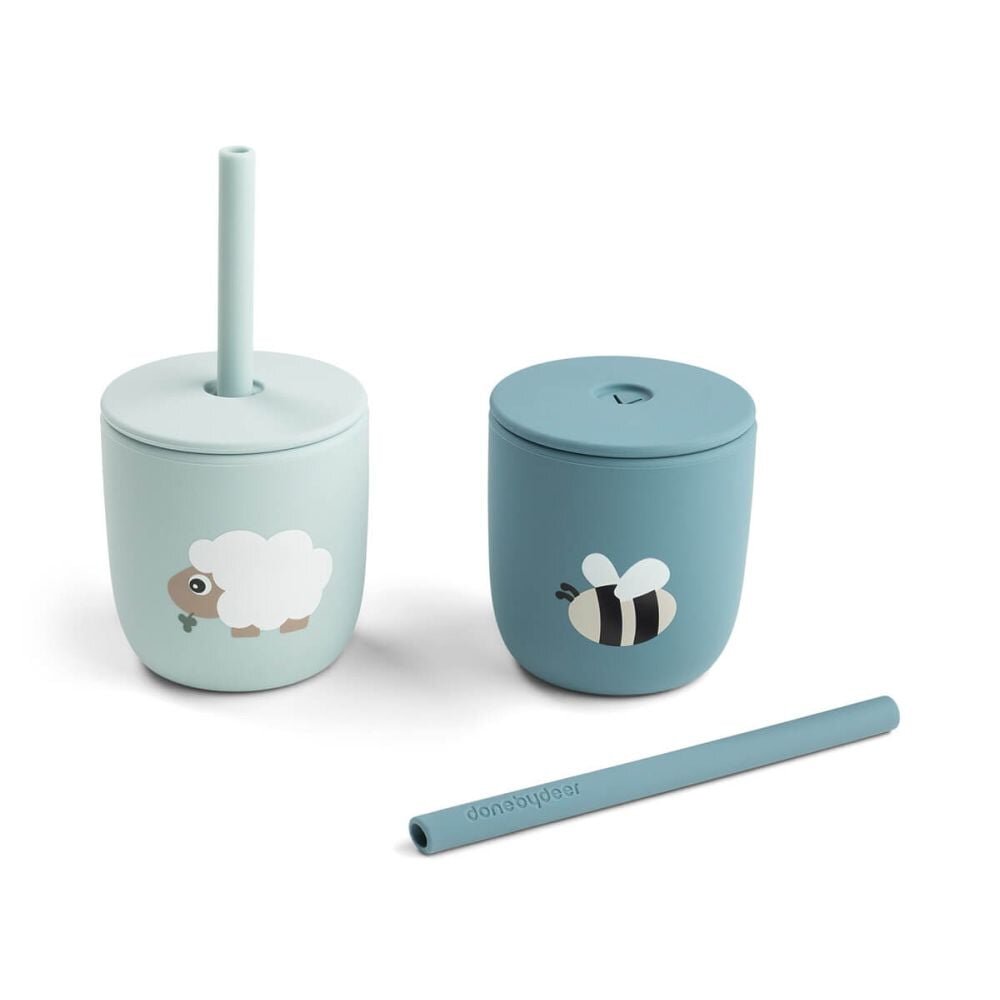 Done by Deer Set 2 cani cu pai din silicon Tiny Farm Blue 2 x 120 ml
