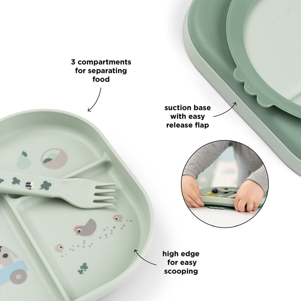Done by Deer Set de masa din silicon cu ventuza Foodie Tiny Farm green