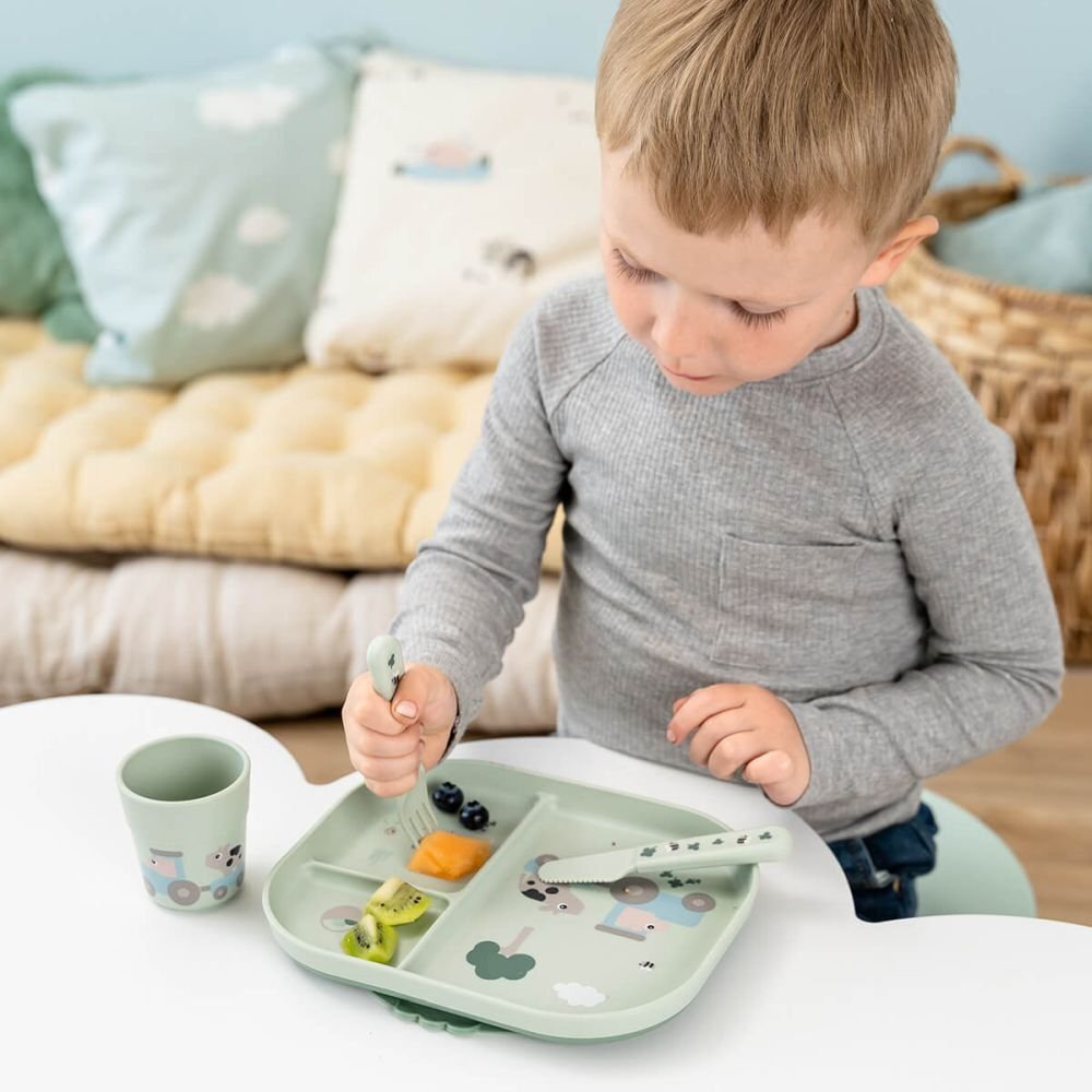 Done by Deer Set de masa din silicon cu ventuza Foodie Tiny Farm green
