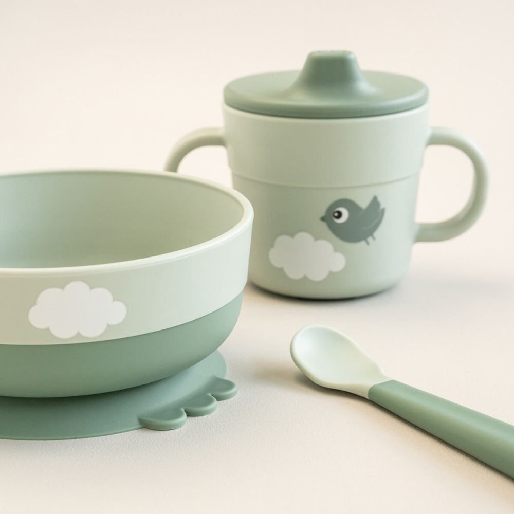 Done by Deer Set pentru primele mese cu ventuza Foodie Happy Clouds Green