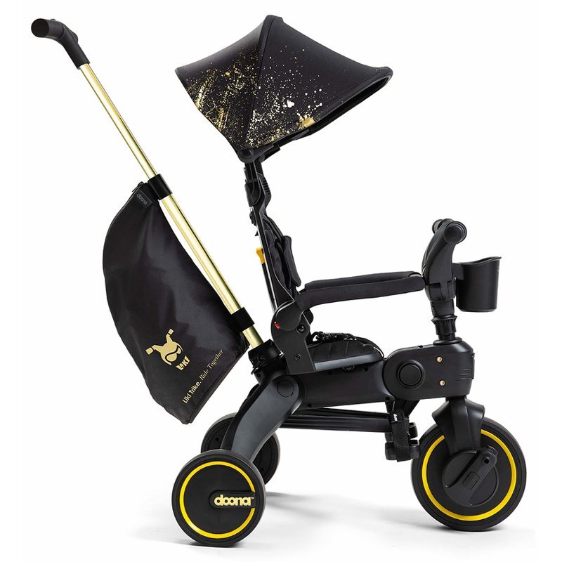 Doona Tricicleta pentru copii Liki Trike Gold Editie Limitata ultrapliabila maner parental ajustabil spatar reglabil in multiple pozitii roti Eva si cadru din aluminiu varsta 10 luni+