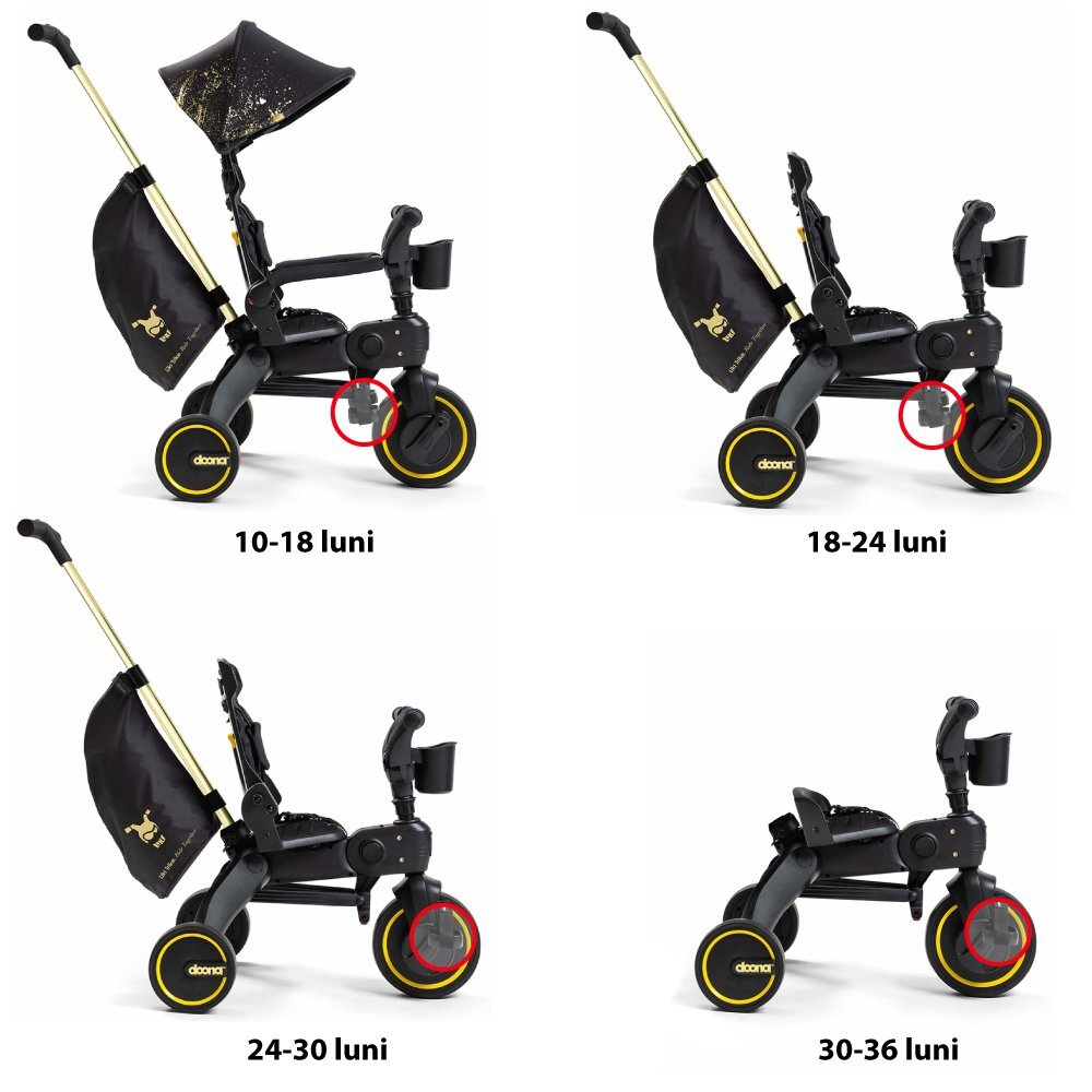 Doona Tricicleta pentru copii Liki Trike Gold Editie Limitata ultrapliabila maner parental ajustabil spatar reglabil in multiple pozitii roti Eva si cadru din aluminiu varsta 10 luni+