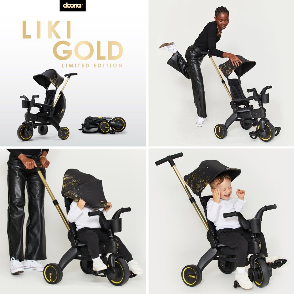 Doona Tricicleta pentru copii Liki Trike Gold Editie Limitata ultrapliabila maner parental ajustabil spatar reglabil in multiple pozitii roti Eva si cadru din aluminiu varsta 10 luni+