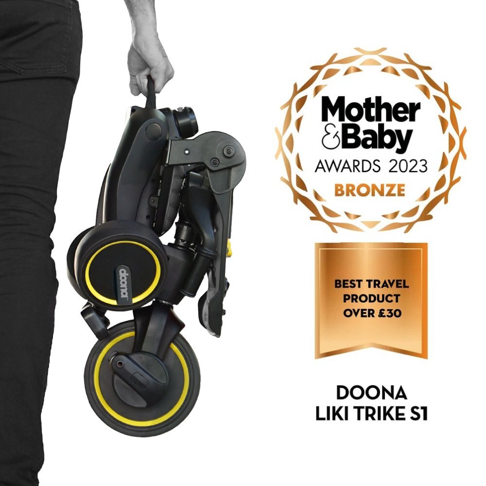 Doona Tricicleta pentru copii Liki Trike S1 Grey Hound ultrapliabila in 3 secunde capotina cu protectie UV maner cu control al directiei spatar reglabil multiple pozitii roti din cauciuc Eva si cadru din aluminiu