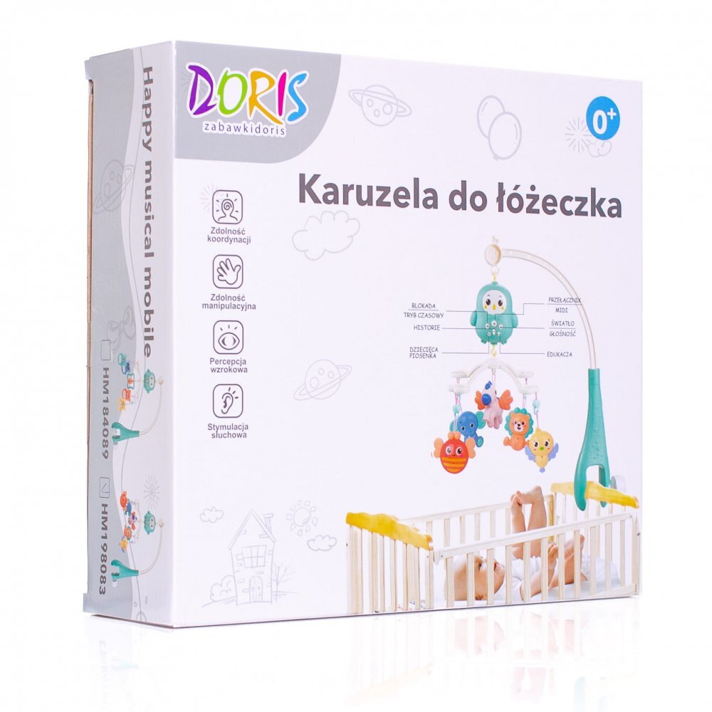 Doris Carusel muzical Blue Pinguin cu telecomanda si prindere universalajucarii detasabile cu zornaitoarecutie muzicala cu melodiitemporizatorvolum reglabil