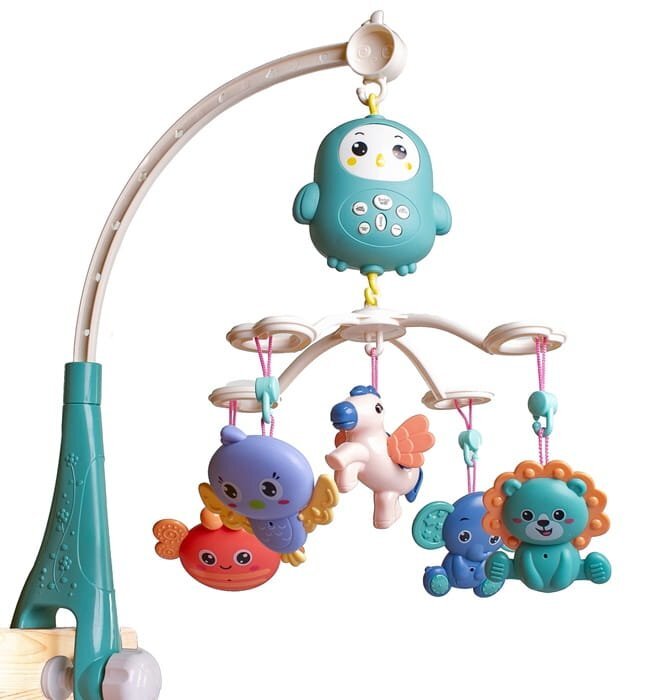 Doris Carusel muzical Blue Pinguin cu telecomanda si prindere universalajucarii detasabile cu zornaitoarecutie muzicala cu melodiitemporizatorvolum reglabil