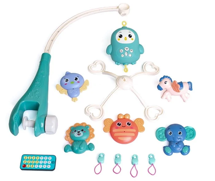 Doris Carusel muzical Blue Pinguin cu telecomanda si prindere universalajucarii detasabile cu zornaitoarecutie muzicala cu melodiitemporizatorvolum reglabil