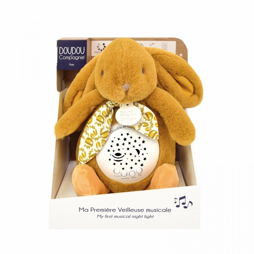 Doudou et Compagnie Veioza muzicala cu proiectie iepuras pufos 19 cm bej
