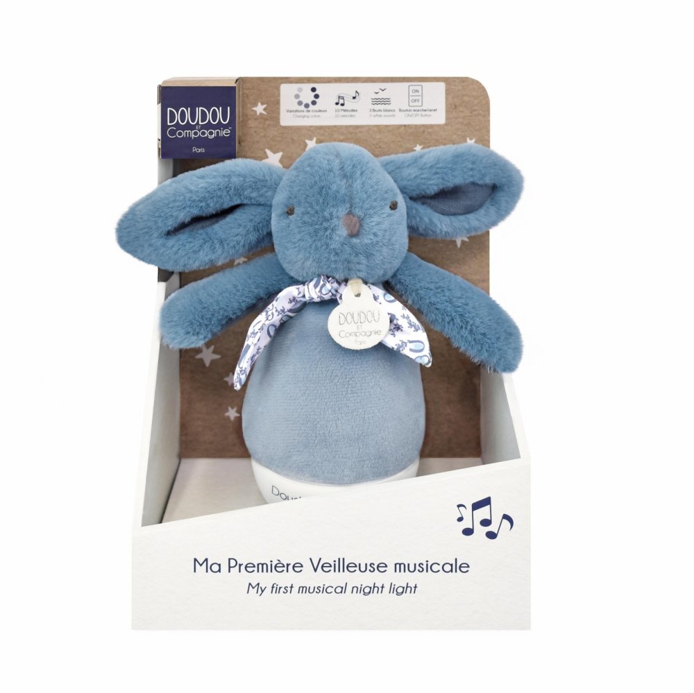 Doudou et Compagnie Veioza muzicala iepuras pufos 16 cm albastru