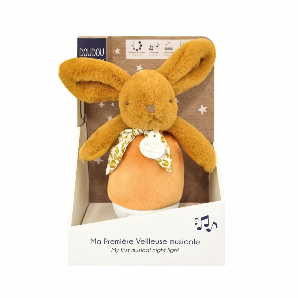 Doudou et Compagnie Veioza muzicala iepuras pufos 16 cm portocaliu