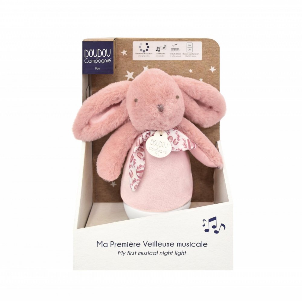 Doudou et Compagnie Veioza muzicala iepuras pufos 16 cm roz