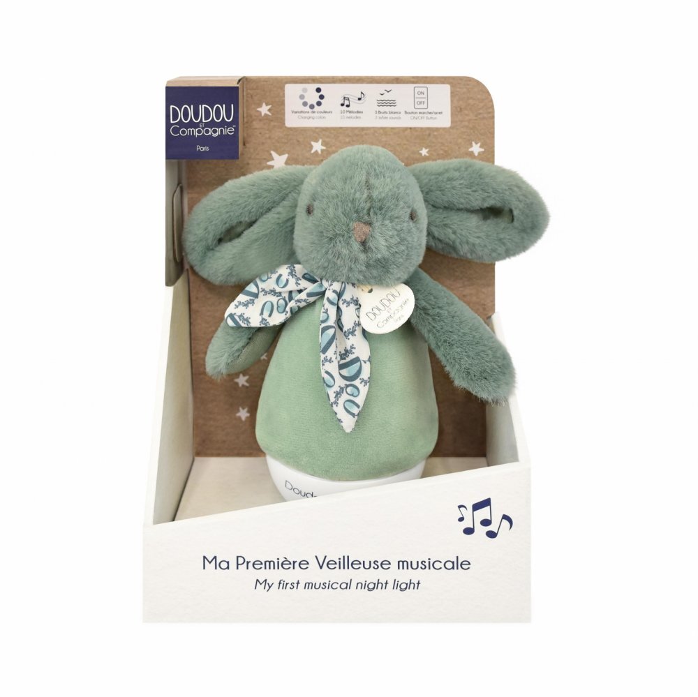 Doudou et Compagnie Veioza muzicala iepuras pufos 16 cm verde