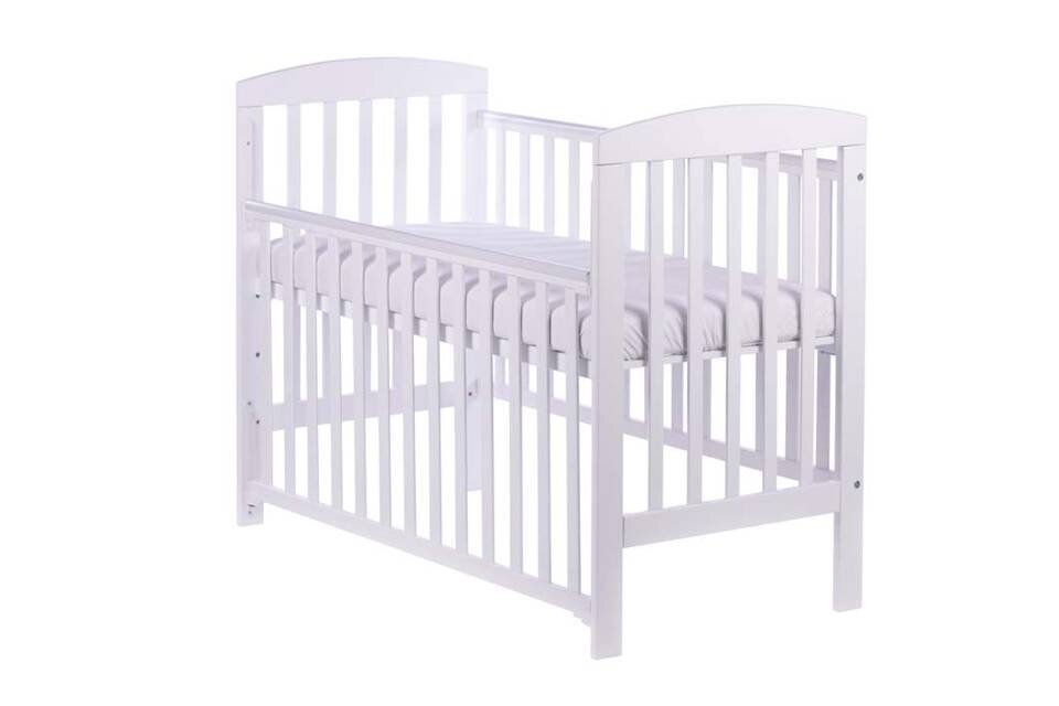 Drewex Patut bebe din lemn masiv Olek alb cu laterala culisabila si inaltime reglabila a saltelei 120 x 60 cm