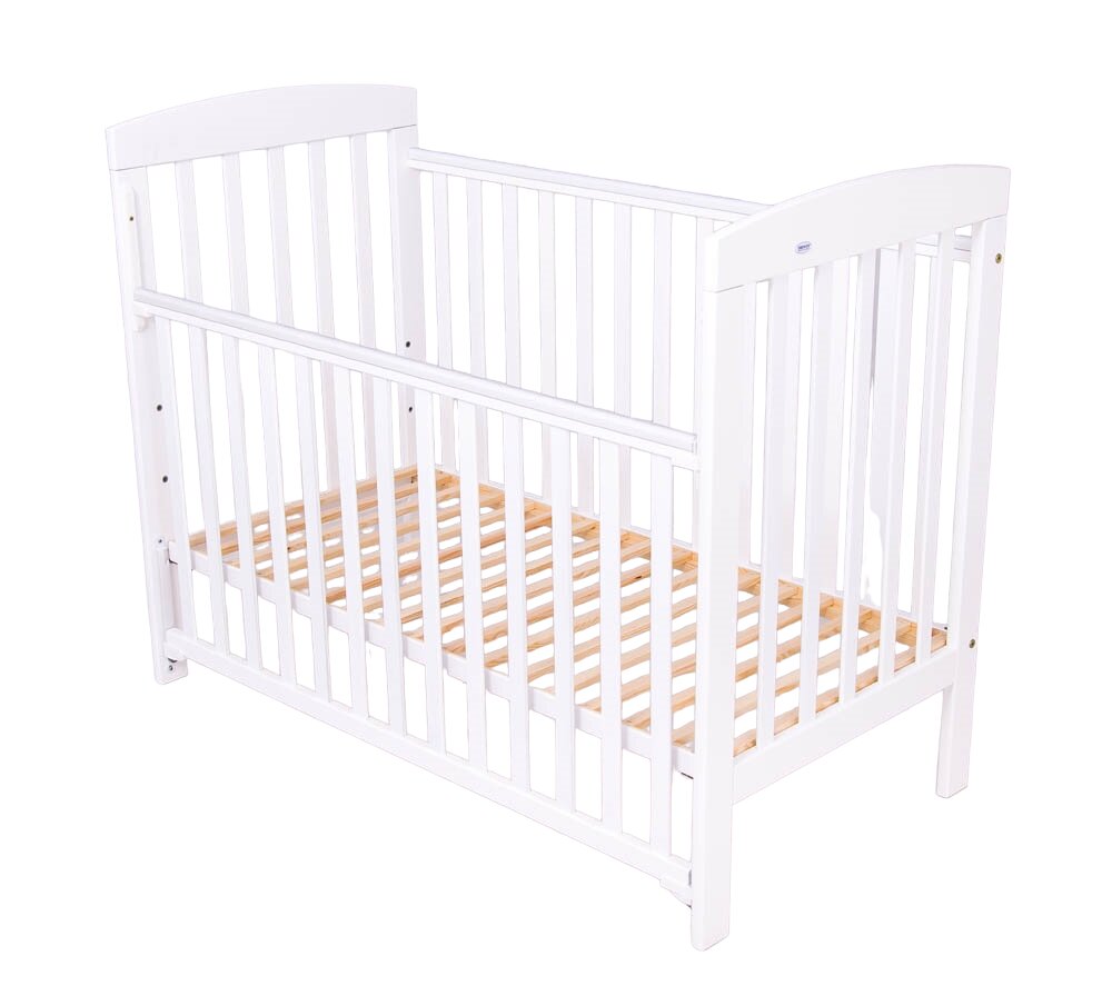 Drewex Patut bebe din lemn masiv Olek alb cu laterala culisabila si inaltime reglabila a saltelei 120 x 60 cm