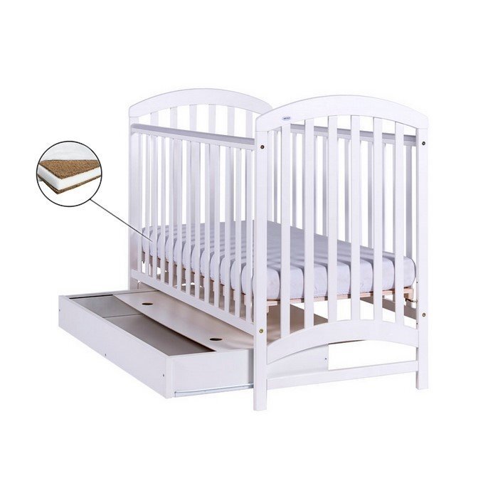 Drewex Patut pentru copii Adel cu sertar Alb + Saltea Cocos 10 Cm