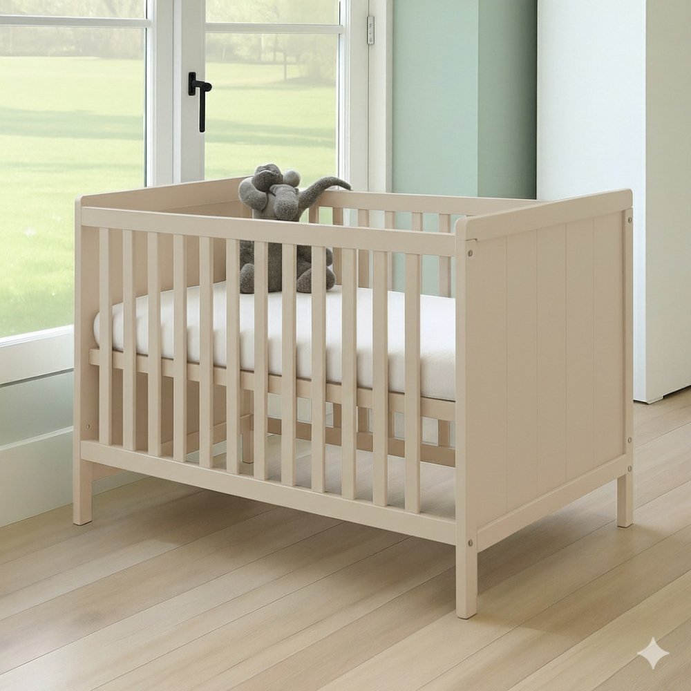 E-Kids Patut pentru bebelusi 120x60 cm Elisabeth II Beige material mdf transformabil in Sofa Saltea Cocos inclusa