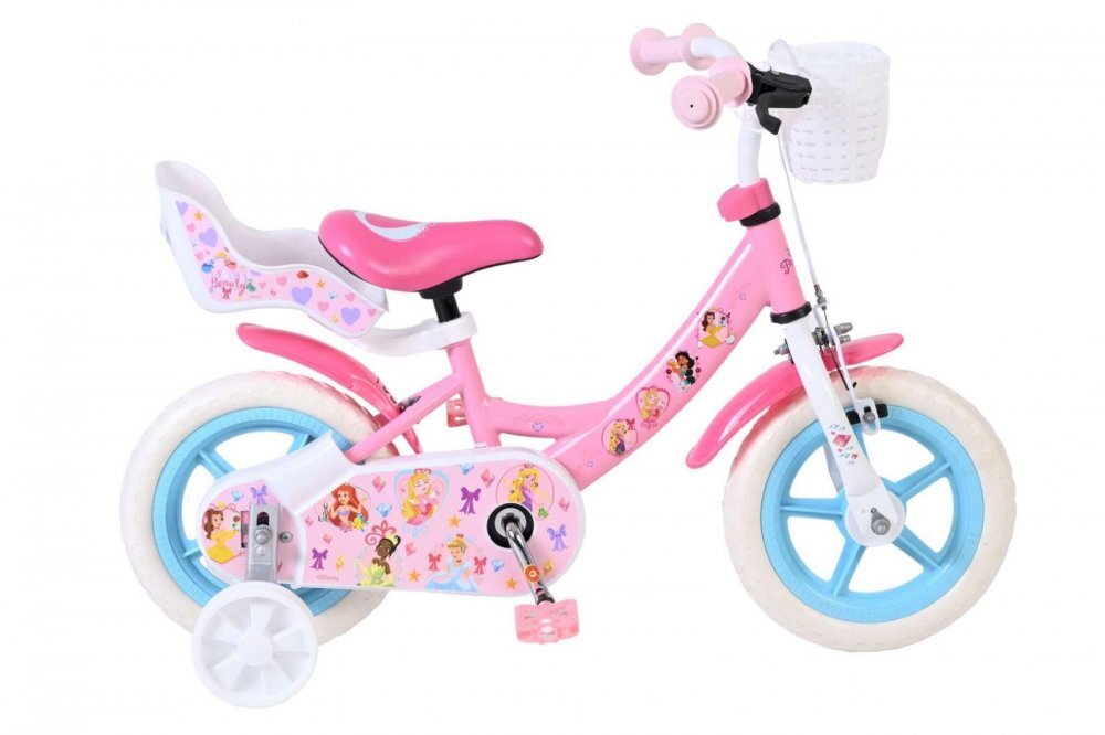 EandL Cycles Bicicleta pentru copii EL Disney Princess 12 inch frana de mana roti cauciuc EVA scaun si ghidon reglabil suport pentru papusi cosulet pe ghidon