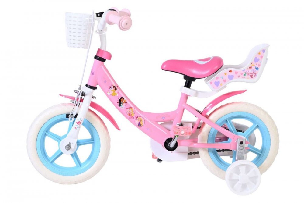 EandL Cycles Bicicleta pentru copii EL Disney Princess 12 inch frana de mana roti cauciuc EVA scaun si ghidon reglabil suport pentru papusi cosulet pe ghidon