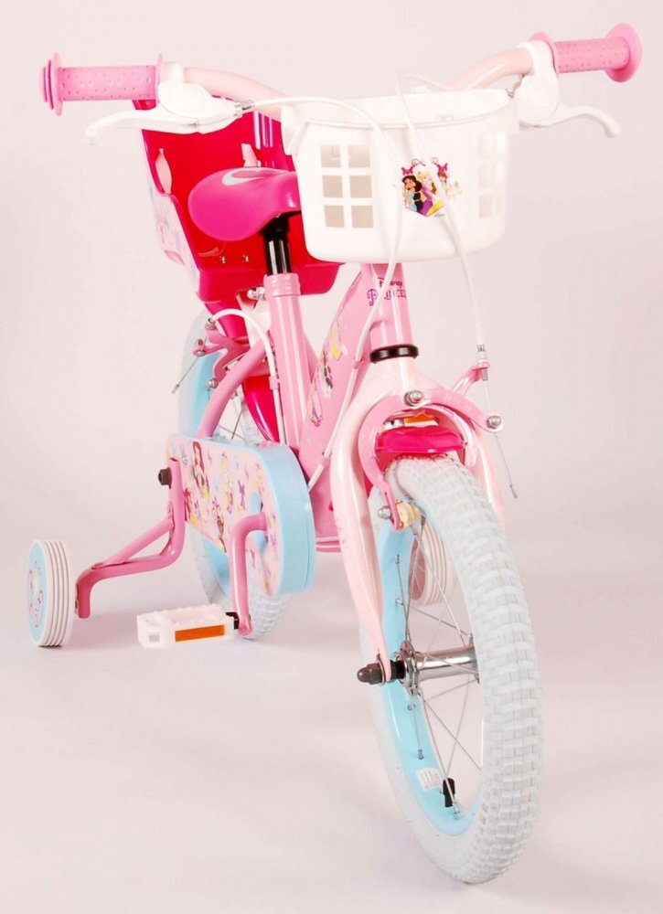 EandL Cycles Bicicleta pentru copii EL Disney Princess 14 inch Pink frana de mana pe ambele roti scaun si ghidon reglabil suport pentru papusi cosulet pe ghidon roti gonflabile